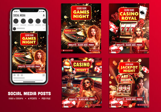 Casino and Jackpot Night, Social Media Editable Posts Set with Gambling Elements for Event or Advertisements.