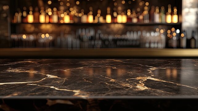 Dark marble counter with out-of-focus restaurant background, elegant setup for food or product displays.