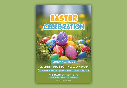 Easter Celebration Invitation Card with Colorful Eggs Hunt in Grass, Editable Design.