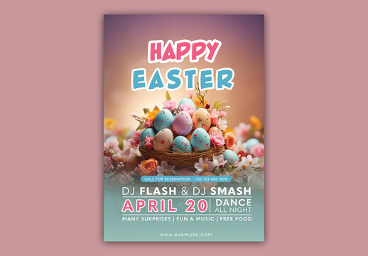 Happy Easter Party Flyer with Colorful Painted Eggs and Flowers in Basket, Editable Design.