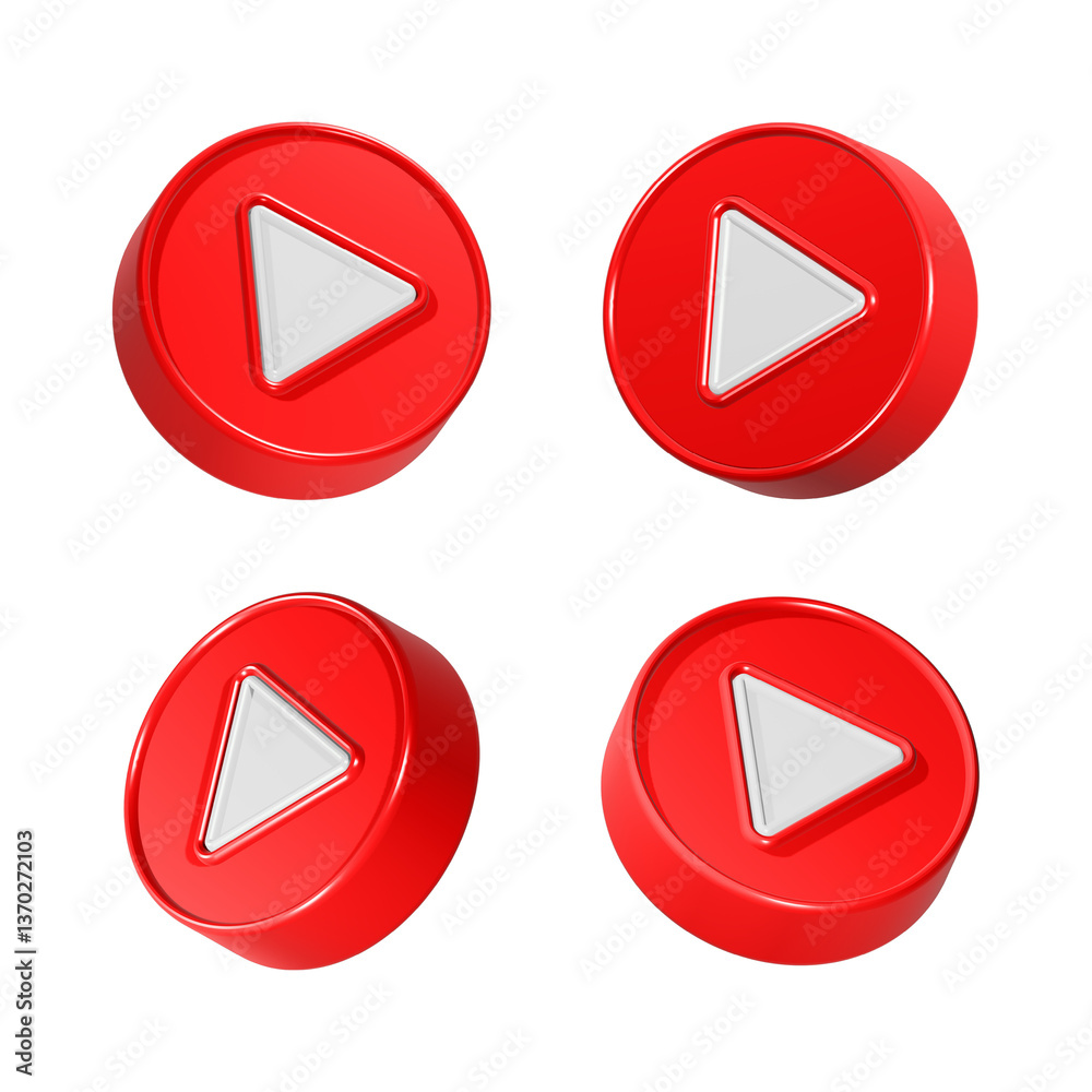 Poster play button 3d red color rendering realistic