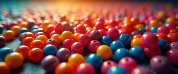 A vibrant collection of colorful beads scattered on a surface, creating a joyful and lively atmosphere perfect for creative projects or marketing materials.