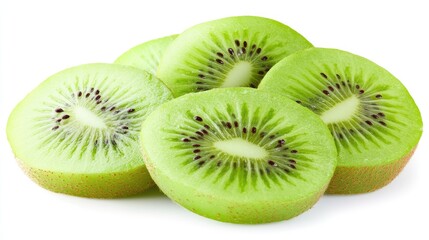 Fototapeta premium Freshly Sliced Green Kiwi Fruit Pieces on White Background