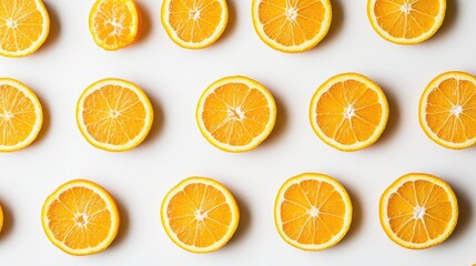 Freshly Sliced Oranges Arranged in a Pattern on a White Background