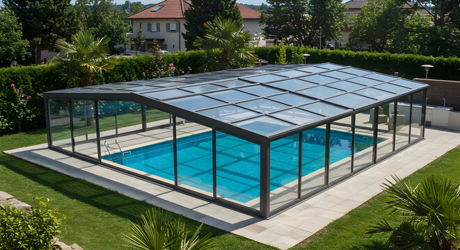Sophisticated retractable glass pool enclosure blending seamlessly into residential landscape