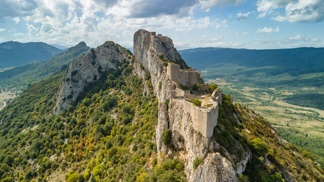 Aerial view of the Cathar medieval castle of Peyrepertuse, southern France