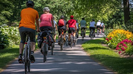 Naklejka premium Group of Cyclists Riding Together on a Scenic Path Amidst Lush Greenery and Vibrant Flowers in a Beautiful Outdoor Setting During a Sunny Day
