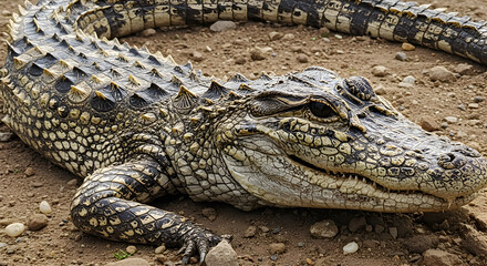 Fototapeta premium Detailed portrait of a formidable alligator resting calmly on arid terrain