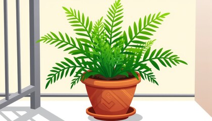 Obraz premium Lush green ferns in terracotta pot on balcony, indoor tranquility
