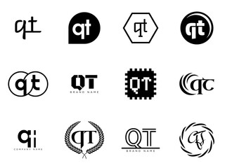 QT logo company template. Letter q and t logotype. Set different classic serif lettering and modern bold text with design elements. Initial font typography.