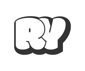RY logo, bubble comic lettering, rounded in graffiti style black and white silhouette. Trendy preschool R and Y letter text for festival party, personal initials, children funky print and web.