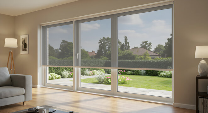 Fototapeta Modern Living Room with Retractable Mosquito Netting and Garden View