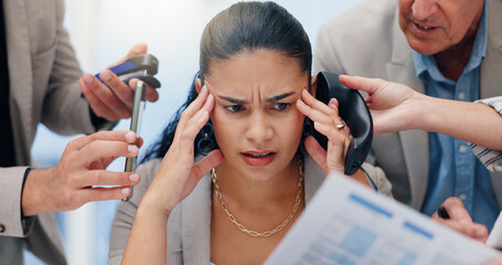 Woman, hands and chaos with headache, documents or phone call for deadline at insurance agency....