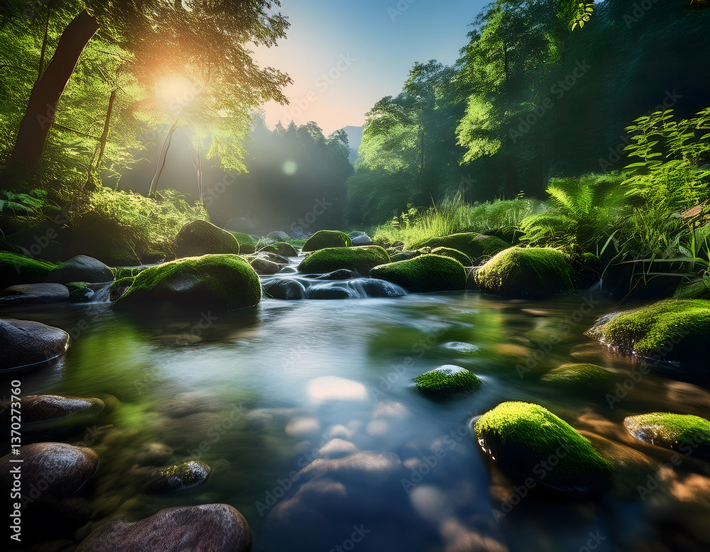 Poster serene river scene with sunlight filtering through lush greenery