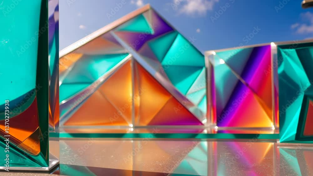 Poster A colorful building with triangles and squares. The building is made of glass