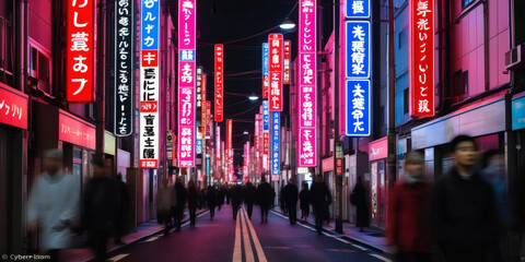 Colorful Osaka nightlife: a street packed with neon signs and blurred figures of people.