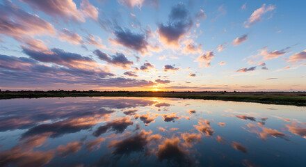 Serene sunset reflection featuring dramatic cloud formations in still water