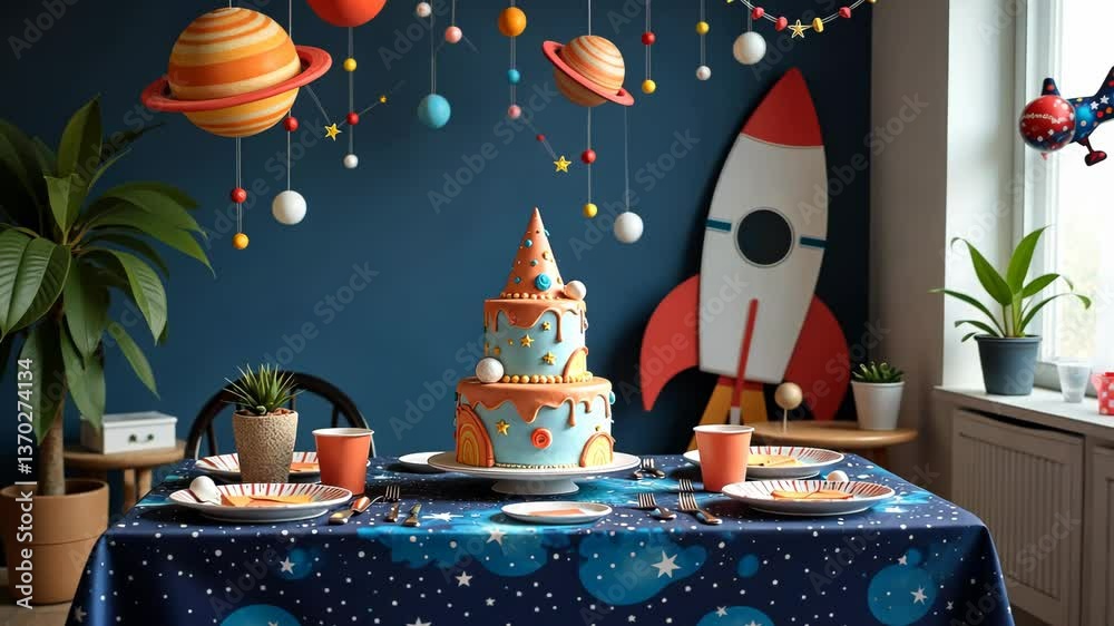 Poster A table with a cake on it and a rocket on the wall. There are also cups and forks on the table