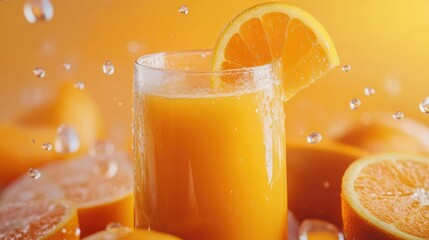Enjoying Fresh Orange Juice with Water Droplets and Orange Slice