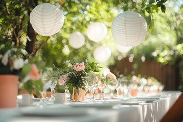 A garden wedding table under tree shade, with white paper lanterns hanging and floral arrangements on display.