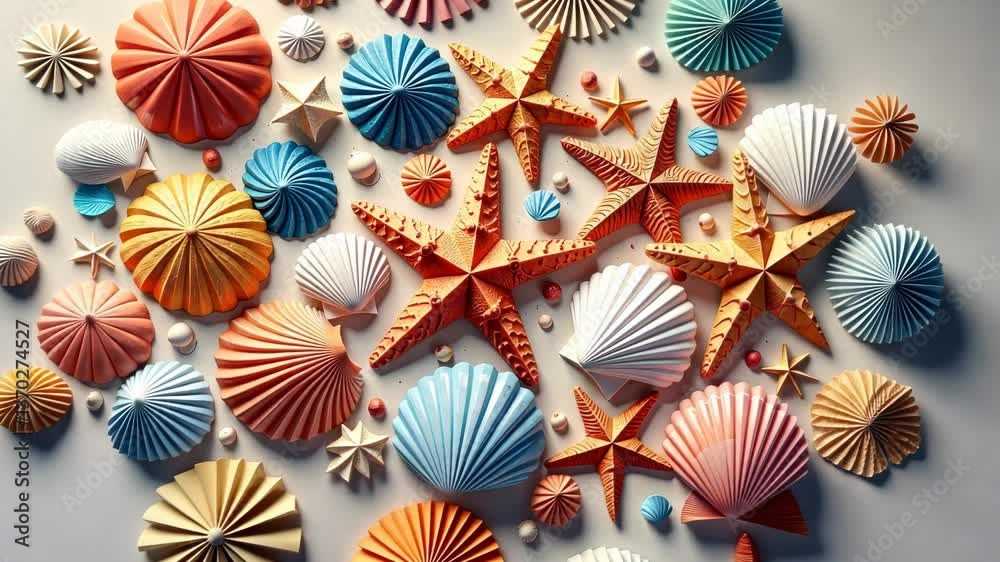 Poster a colorful array of seashells and stars. the seashells are in various colors and sizes, and the star