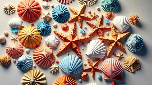 A colorful array of seashells and stars. The seashells are in various colors and sizes, and the stars are also in different colors and sizes