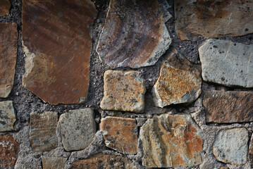 A detailed view of a stone wall, showcasing diverse textures, colors, and shapes within the rocks, emphasizing rustic and natural architectural aesthetic. Fence made of large old stones