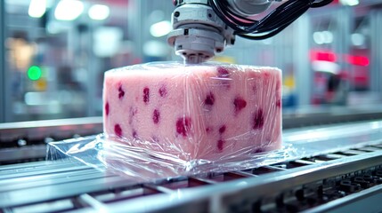 Robotic arm wraps square block of fruit sorbet in transparent foil on conveyor belt