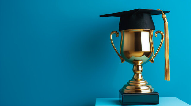 Graduation trophy with cap on blue background
