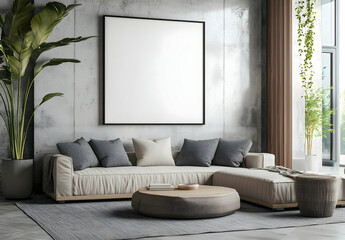 Photo of a modern living room with a blank poster frame on the wall, featuring a simple and elegant style with clean lines, a minimalistic design, and a neutral color palette