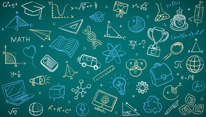 Back to school education background. A seamless pattern of hand-drawn chalk doodle icons on a green chalkboard, with symbols for math, science, and learning for a university or college course.