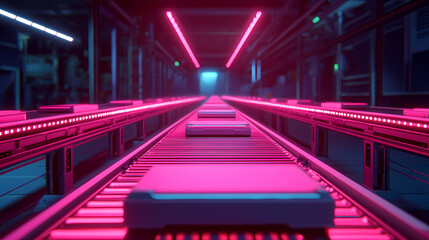 A futuristic conveyor belt illuminated by pink lights, showcasing an industrial setting with boxes positioned along the track.