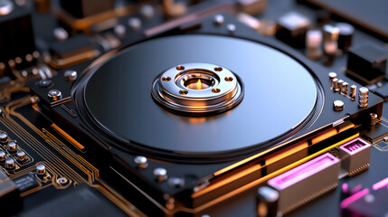 a close-up shot of a hard drive with spinning platters and a read/write he