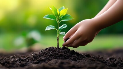 Hands Planting a Young Green Sapling into Dark Earth Soil in a Lush Outdoor Environment, Symbolizing Growth, Renewal, and Environmental Conservation Efforts