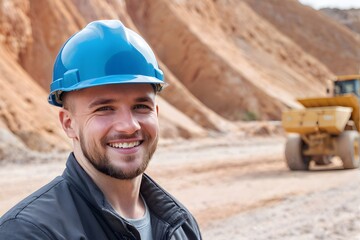 Portrait of a Caucasian male engineer wearing safety gear and smiling against the sand quarry mine background with copy space.