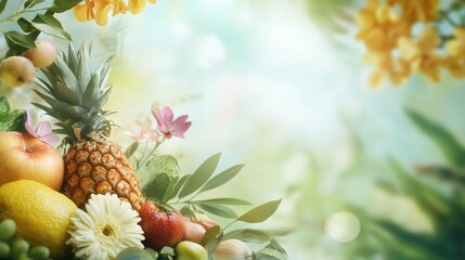 Fresh Fruit Arrangement with Pineapple Lemon and Flowers on Light Background