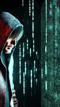 Mysterious figure in hooded cloak stands amidst glowing binary code in dimly lit digital world