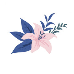 A beautiful arrangement of a pink lily and green leaves, perfect for decorative purposes, featuring vibrant colors and intricate details against a white isolated background.