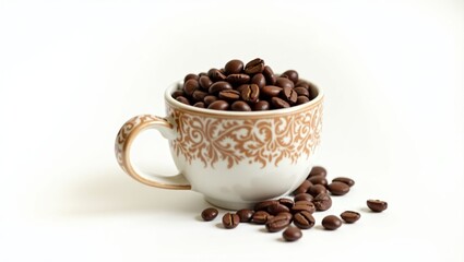 Fototapeta premium Coffee in a cup with coffee beans outside the cup and a white background.