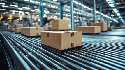 Conveyor Belt in a Warehouse: Cardboard Boxes Moving on a Modern Logistics System