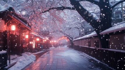 Snowy alleyway with cherry blossoms and lanterns at night.