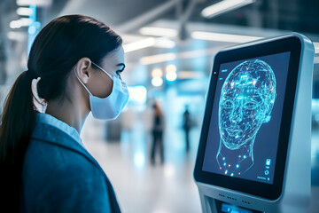 Woman wearing face mask undergoing facial recognition scan at modern airport terminal