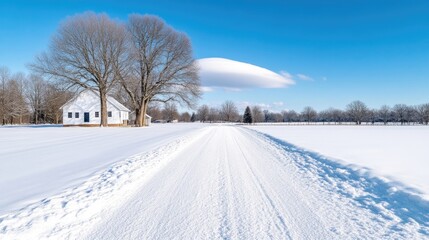 Fototapeta premium Snowy Country Road with Farmhouse