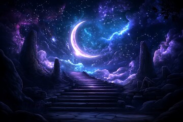 Crescent Moon Night Stairway Fantasy.