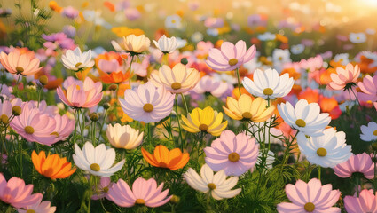 Warm sunlight illuminating a field of pink, white, and orange cosmos.