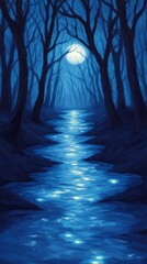 Fototapeta premium Moonlit River Reflection Enchanted Forest Digital Art Serene Night Wide Angle Dreamy Atmosphere