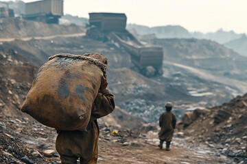 Child labor,children workers,child exploitation.A child carrying a large sack of raw materials on their back in a hazardous mining environment, with distant figures and machinery