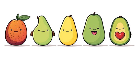 White background with drawings of colorful avocado for children, ai generative