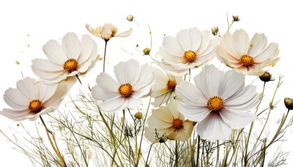 Fototapeta premium delicate digital illustration of white cosmos flowers with golden-yellow centers, gently flowing in air isolated on transparent white background, PNG Generative image.