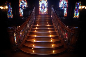 Obraz premium Elegant wooden staircase illuminated with warm lights, set against a backdrop of stunning stained-glass windows. Perfect for luxury, home design, and architectural concepts.